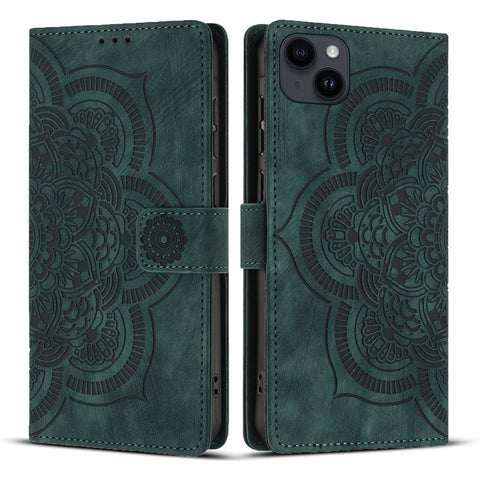WANLONFENG For iPhone 14 Plus Leather Case  HDM Series Mandala Imprint Wallet Stand Phone Cover