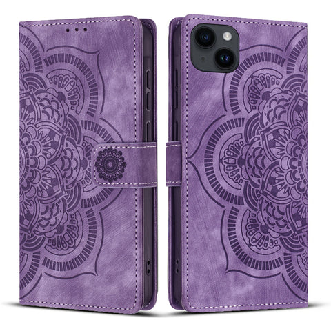 WANLONFENG For iPhone 14 Plus Leather Case  HDM Series Mandala Imprint Wallet Stand Phone Cover