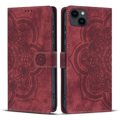 WANLONFENG For iPhone 14 Plus Leather Case  HDM Series Mandala Imprint Wallet Stand Phone Cover