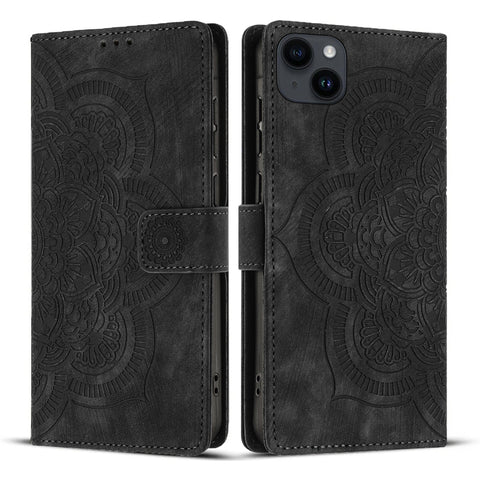 WANLONFENG For iPhone 14 Plus Leather Case  HDM Series Mandala Imprint Wallet Stand Phone Cover