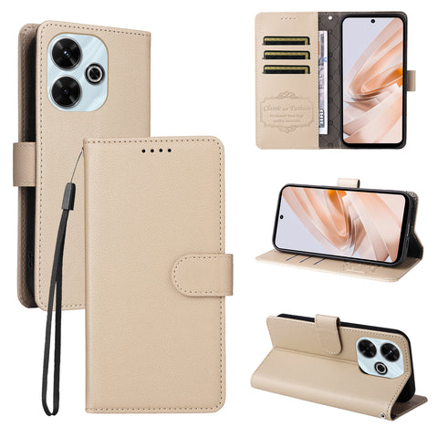 For Xiaomi Redmi 13x 4G / Xiaomi Redmi Note 13R 5G / Xiaomi Poco M6 4G / Xiaomi Redmi 13 4G Case RFID Blocking 3 Card Slots PU Leather Phone Cover with Wrist Strap