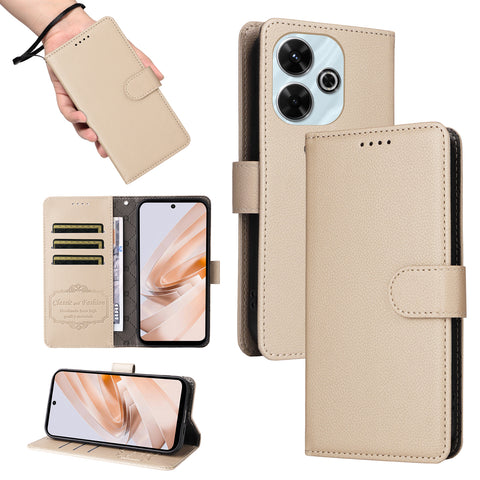 For Xiaomi Redmi 13x 4G / Xiaomi Redmi Note 13R 5G / Xiaomi Poco M6 4G / Xiaomi Redmi 13 4G Case RFID Blocking 3 Card Slots PU Leather Phone Cover with Wrist Strap