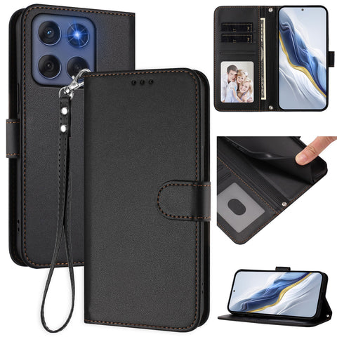 For Motorola Edge (2025) 5G / Motorola Edge 60 5G / Motorola Edge 60 Fusion 5G Leather Case Wallet Stand Phone Cover with Wrist Strap