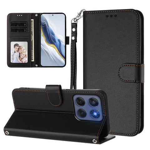 For Motorola Edge (2025) 5G / Motorola Edge 60 5G / Motorola Edge 60 Fusion 5G Leather Case Wallet Stand Phone Cover with Wrist Strap