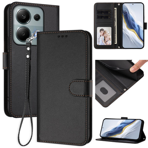 For Xiaomi Poco M6 Pro 4G / Xiaomi Redmi Note 14S 4G / Xiaomi Redmi Note 13 Pro 4G Leather Case Wallet Stand Phone Cover with Wrist Strap