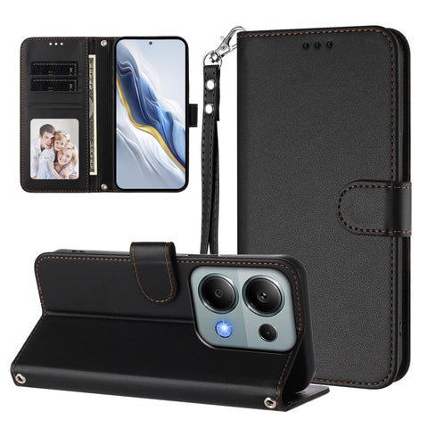 For Xiaomi Poco M6 Pro 4G / Xiaomi Redmi Note 14S 4G / Xiaomi Redmi Note 13 Pro 4G Leather Case Wallet Stand Phone Cover with Wrist Strap