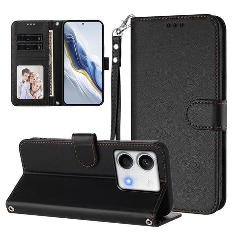For Xiaomi Redmi Note 13 5G (China) / Xiaomi Redmi Note 13 5G Leather Case Wallet Stand Phone Cover with Wrist Strap