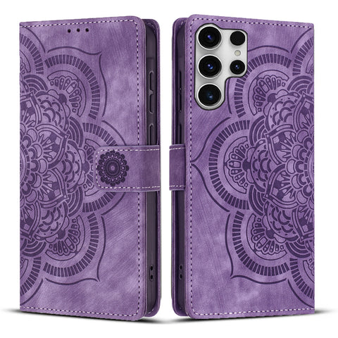 For Samsung Galaxy S23 Ultra Leather Case WANLONFENG HDM Series Mandala Imprint Wallet Stand Phone Cover