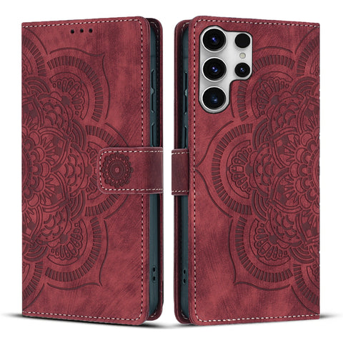 For Samsung Galaxy S23 Ultra Leather Case WANLONFENG HDM Series Mandala Imprint Wallet Stand Phone Cover