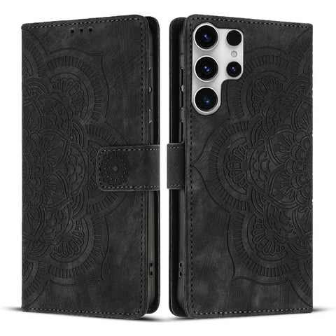 For Samsung Galaxy S23 Ultra Leather Case WANLONFENG HDM Series Mandala Imprint Wallet Stand Phone Cover