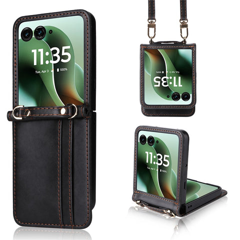 For Motorola Razr 70 Ultra / 60 Ultra 5G / Razr Ultra 2026 5G / 2025 5G Case Card Slots Leather Phone Cover with Lanyard