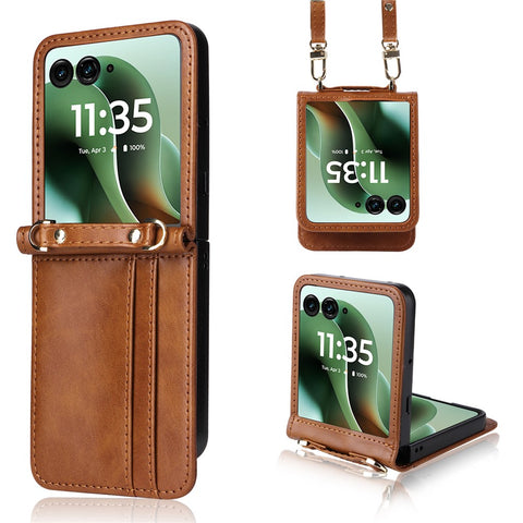 For Motorola Razr 70 Ultra / 60 Ultra 5G / Razr Ultra 2026 5G / 2025 5G Case Card Slots Leather Phone Cover with Lanyard