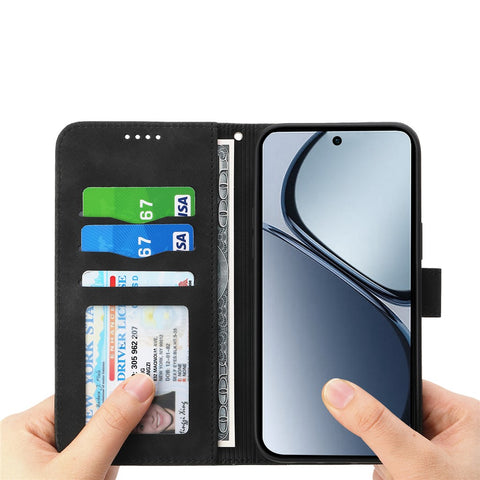 DIERFENG DF-03 For Oppo Reno14 5G (Global) Case Lines Imprint Wallet Leather Phone Cover with Wrist Strap