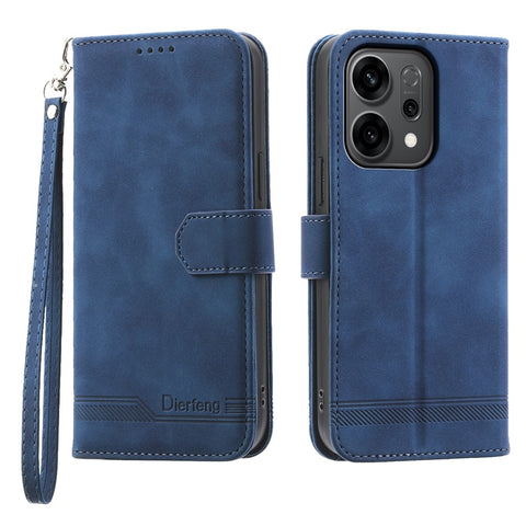 DIERFENG DF-03 For Oppo Reno14 5G (Global) Case Lines Imprint Wallet Leather Phone Cover with Wrist Strap