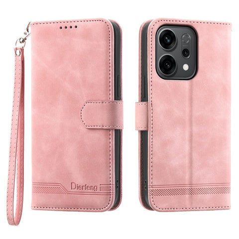 DIERFENG DF-03 For Oppo Reno14 5G (Global) Case Lines Imprint Wallet Leather Phone Cover with Wrist Strap