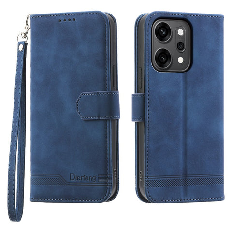 DIERFENG DF-03 For Oppo Reno14 Pro 5G (Global) Case Lines Imprint Wallet Leather Phone Cover with Wrist Strap