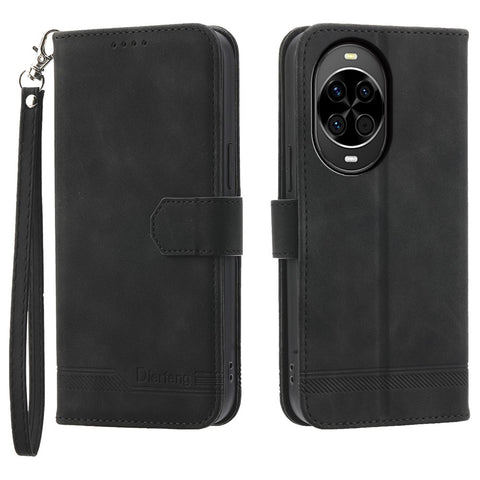 DIERFENG DF-03 For Huawei nova 14 5G Case Lines Imprint Wallet Leather Phone Cover with Wrist Strap