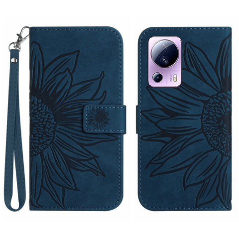 Anti-fall Cell Phone Cover For Xiaomi 12 Lite NE 5G, HT04 Imprinted Sunflower Skin-Touch Flip Leather Wallet Phone Case Stand with Hand Strap