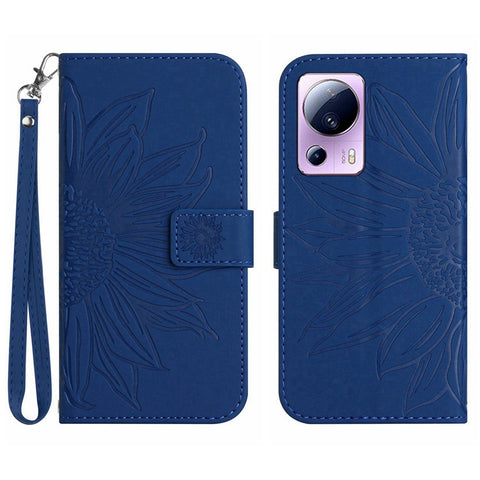 Anti-fall Cell Phone Cover For Xiaomi 12 Lite NE 5G, HT04 Imprinted Sunflower Skin-Touch Flip Leather Wallet Phone Case Stand with Hand Strap