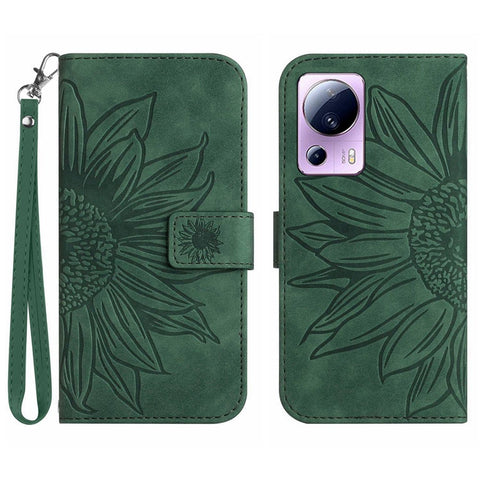 Anti-fall Cell Phone Cover For Xiaomi 12 Lite NE 5G, HT04 Imprinted Sunflower Skin-Touch Flip Leather Wallet Phone Case Stand with Hand Strap