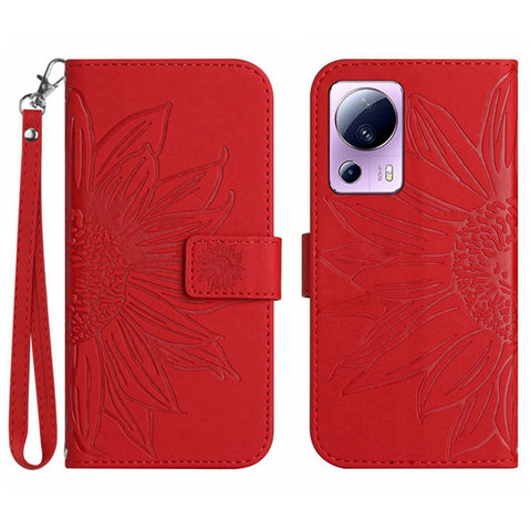 Anti-fall Cell Phone Cover For Xiaomi 12 Lite NE 5G, HT04 Imprinted Sunflower Skin-Touch Flip Leather Wallet Phone Case Stand with Hand Strap