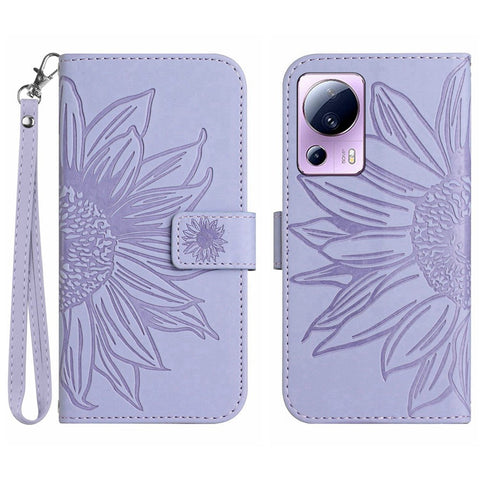 Anti-fall Cell Phone Cover For Xiaomi 12 Lite NE 5G, HT04 Imprinted Sunflower Skin-Touch Flip Leather Wallet Phone Case Stand with Hand Strap