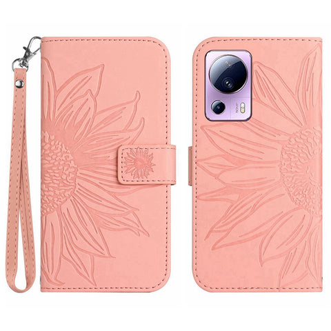 Anti-fall Cell Phone Cover For Xiaomi 12 Lite NE 5G, HT04 Imprinted Sunflower Skin-Touch Flip Leather Wallet Phone Case Stand with Hand Strap