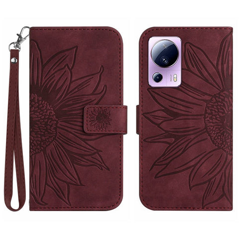 Anti-fall Cell Phone Cover For Xiaomi 12 Lite NE 5G, HT04 Imprinted Sunflower Skin-Touch Flip Leather Wallet Phone Case Stand with Hand Strap