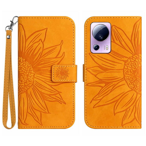 Anti-fall Cell Phone Cover For Xiaomi 12 Lite NE 5G, HT04 Imprinted Sunflower Skin-Touch Flip Leather Wallet Phone Case Stand with Hand Strap