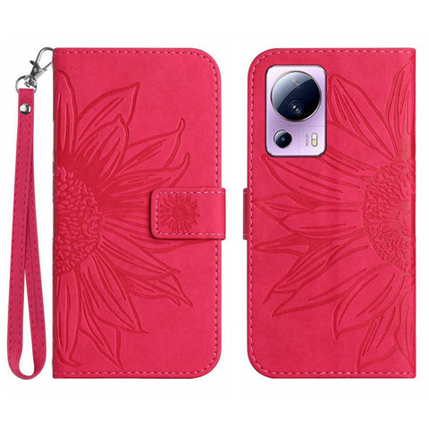 Anti-fall Cell Phone Cover For Xiaomi 12 Lite NE 5G, HT04 Imprinted Sunflower Skin-Touch Flip Leather Wallet Phone Case Stand with Hand Strap