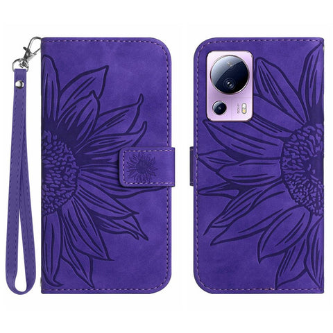 Anti-fall Cell Phone Cover For Xiaomi 12 Lite NE 5G, HT04 Imprinted Sunflower Skin-Touch Flip Leather Wallet Phone Case Stand with Hand Strap