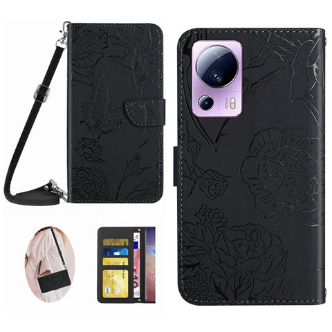 For Xiaomi 12 Lite NE 5G HT03 Imprinted Butterfly Flowers Flip Phone Cover Skin-touch PU Leather Magnetic Closure Wallet Stand Case with Shoulder Strap