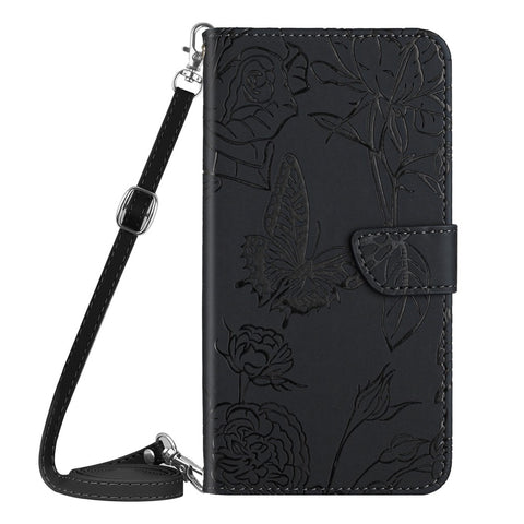 For Xiaomi 12 Lite NE 5G HT03 Imprinted Butterfly Flowers Flip Phone Cover Skin-touch PU Leather Magnetic Closure Wallet Stand Case with Shoulder Strap