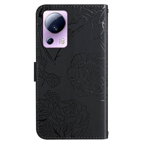 For Xiaomi 12 Lite NE 5G HT03 Imprinted Butterfly Flowers Flip Phone Cover Skin-touch PU Leather Magnetic Closure Wallet Stand Case with Shoulder Strap