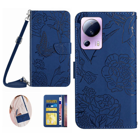 For Xiaomi 12 Lite NE 5G HT03 Imprinted Butterfly Flowers Flip Phone Cover Skin-touch PU Leather Magnetic Closure Wallet Stand Case with Shoulder Strap