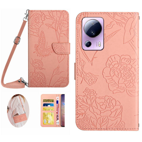 For Xiaomi 12 Lite NE 5G HT03 Imprinted Butterfly Flowers Flip Phone Cover Skin-touch PU Leather Magnetic Closure Wallet Stand Case with Shoulder Strap
