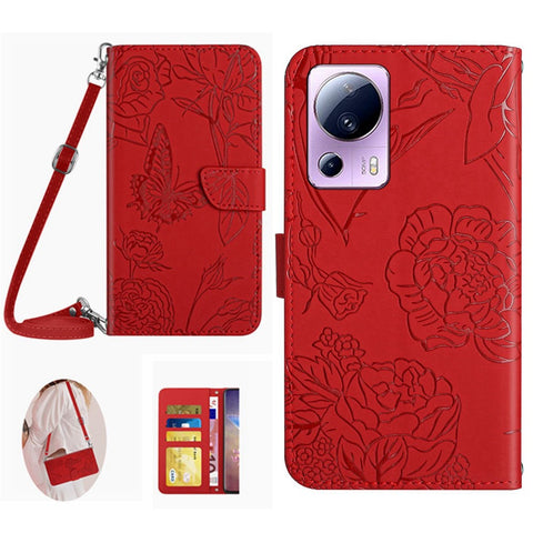 For Xiaomi 12 Lite NE 5G HT03 Imprinted Butterfly Flowers Flip Phone Cover Skin-touch PU Leather Magnetic Closure Wallet Stand Case with Shoulder Strap