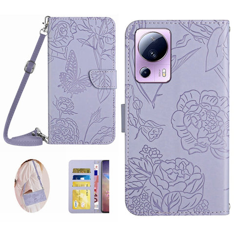 For Xiaomi 12 Lite NE 5G HT03 Imprinted Butterfly Flowers Flip Phone Cover Skin-touch PU Leather Magnetic Closure Wallet Stand Case with Shoulder Strap