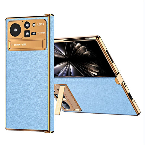 For Xiaomi Mix Fold 2 5G Hinge Protection PU Leather Coated PC Phone Case Electroplating Frame Design Kickstand Protective Cover