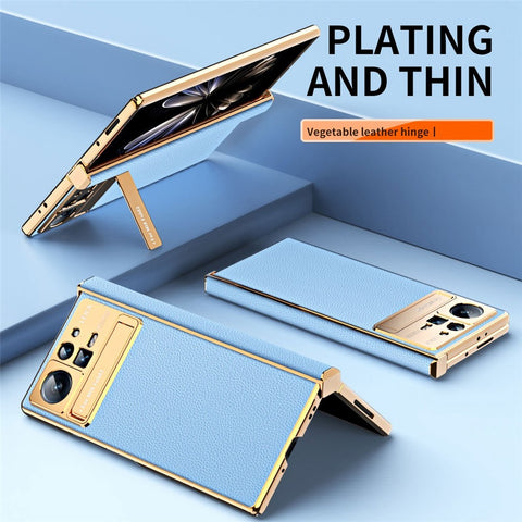 For Xiaomi Mix Fold 2 5G Hinge Protection PU Leather Coated PC Phone Case Electroplating Frame Design Kickstand Protective Cover