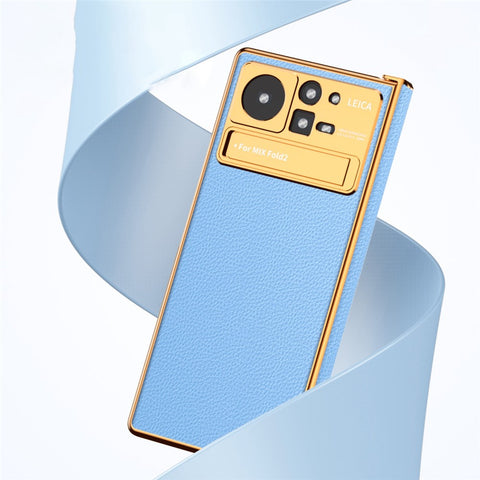 For Xiaomi Mix Fold 2 5G Hinge Protection PU Leather Coated PC Phone Case Electroplating Frame Design Kickstand Protective Cover