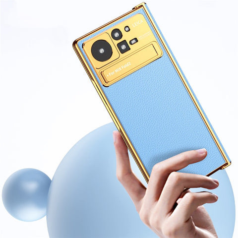 For Xiaomi Mix Fold 2 5G Hinge Protection PU Leather Coated PC Phone Case Electroplating Frame Design Kickstand Protective Cover