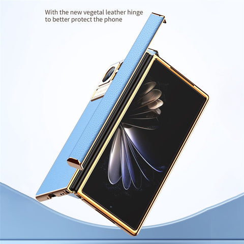 For Xiaomi Mix Fold 2 5G Hinge Protection PU Leather Coated PC Phone Case Electroplating Frame Design Kickstand Protective Cover