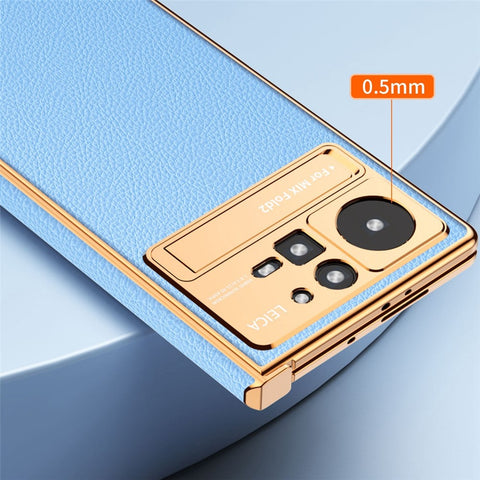 For Xiaomi Mix Fold 2 5G Hinge Protection PU Leather Coated PC Phone Case Electroplating Frame Design Kickstand Protective Cover