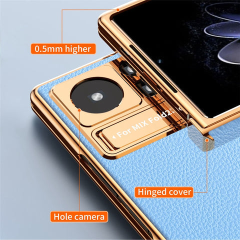 For Xiaomi Mix Fold 2 5G Hinge Protection PU Leather Coated PC Phone Case Electroplating Frame Design Kickstand Protective Cover