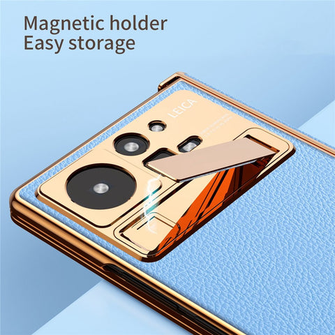 For Xiaomi Mix Fold 2 5G Hinge Protection PU Leather Coated PC Phone Case Electroplating Frame Design Kickstand Protective Cover