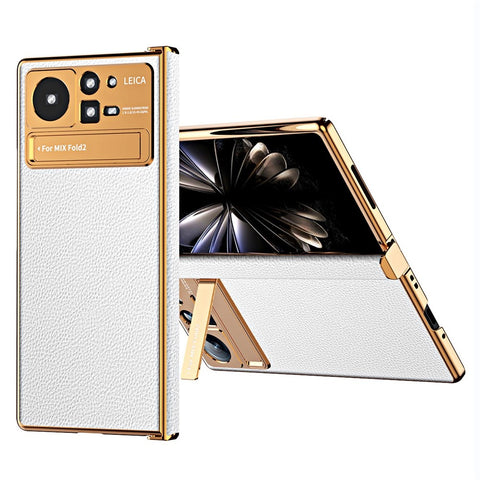 For Xiaomi Mix Fold 2 5G Hinge Protection PU Leather Coated PC Phone Case Electroplating Frame Design Kickstand Protective Cover