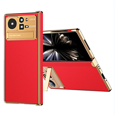 For Xiaomi Mix Fold 2 5G Hinge Protection PU Leather Coated PC Phone Case Electroplating Frame Design Kickstand Protective Cover