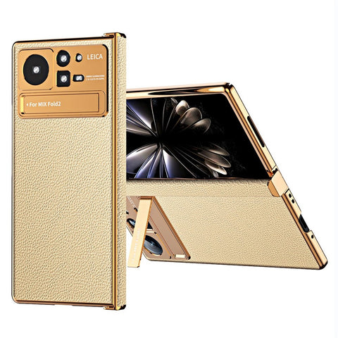 For Xiaomi Mix Fold 2 5G Hinge Protection PU Leather Coated PC Phone Case Electroplating Frame Design Kickstand Protective Cover