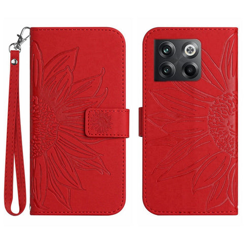 For OnePlus 10T 5G / Ace Pro 5G HT04 Sunflower Imprinted PU Leather Wallet Cover Skin-Touch Flip Stand Phone Drop-proof Case with Hand Strap